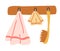 Hanger with bath accessories. Towels, massage brush. Clean home hygiene accessories. Set of towels hanging on hooks or holders.