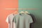 Hangers with blank monocolor t-shirts on orange and green background, neural network generated image