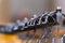 Hangers at a clothing store. Close up of Clothes rack with bokeh background