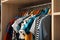 Hangers with teenage clothes on rack in wardrobe