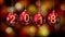 Hanging 2018 number glitter Christmas balls on gold bokeh background.