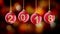 Hanging 2018 number glitter Christmas balls on gold bokeh background. 4K