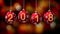 Hanging 2018 number glitter Christmas balls on gold bokeh background. 4K
