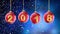 Hanging 2018 number glitter Christmas balls on snow blue background. 4K