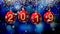 Hanging 2019 number glitter Christmas balls on blue bokeh background. 4K