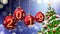 Hanging 2019 number glitter Christmas balls on blue bokeh background. 4K