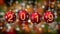 Hanging 2019 number glitter Christmas balls on gold bokeh background. 4K