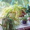 Hanging Ampelny cactus Lepismium in a pot on the windowsill