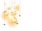 Hanging baubles with light effect and golden confetti decorated on white background can be used as greeting card