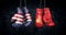 Hanging boxing gloves with the flag of the United Stats of America and the National Flag of the People`s Republic of China