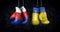 Hanging boxing gloves with the Russian and ukrainian flags illustrate the tensions between the two countries