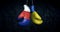 Hanging boxing gloves with the Russian and ukrainian flags illustrate the tensions between the two countries