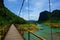 Hanging bridge with a view of green water stream in Phong Nha, Ke Bang National Park, Vietnam