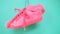 Hanging bright colored sneakers. Fashion woman trendy trainers. Stylish hipster plimsole bright pink turquoise color