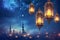 Hanging burning golden lanterns on a blue background silhouette of a mosque, stars. Banner with space for your own content
