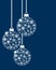 Hanging christmas ball baubles decorated with various white snowflakes and stars on blue background. Flat retro style. Vector