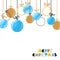 Hanging Christmas balls. Merry Christmas card