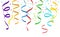 Hanging colorful streamers and falling confetti on white background - vector illustration