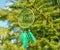 Hanging dreamcatcher with green feathers and beads against fir tree branches