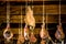 Hanging dried hams in Great Butcher`s Hall in Ghent, Belgium