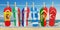 Hanging flip flops in colors of flags of different mediterranea