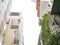 Hanging garden on caged-balcony apartment blocks, multistory building along small back alley in downtown Hanoi, Vietnam, row of