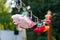 Hanging garland of light bulbs and flowers