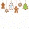 Hanging gingerbread man, tree, snowman and stars cookies on white