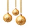 Hanging golden christmas balls with ribbon isolated