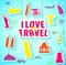 Hanging I Love to Travel Text with Iconic Landmarks. Vector Illustration