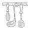 Hanging kitchen utensils, Simple black and white Line art