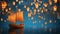 Hanging lanterns and a wooden boat on blue and orange background