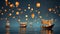 Hanging lanterns and a wooden boat on blue and orange background