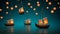 Hanging lanterns and a wooden boat on blue and orange background