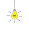 Hanging light bulb icon. Idea text inside. Shining effect. Dash line. Yellow color switch on lamp. Business success concept. Flat