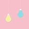 Hanging light bulb icon set. Switch on off lamp. Idea text inside. Shining effect. Dash line. Pastel blue yellow colors. Business