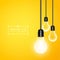 Hanging light bulbs with glowing one on yellow background. Vector illustration for your design.
