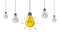 Hanging light bulbs with one glowing. Electric extinct lightbulbs set and one glowing. Concept of idea and choosing