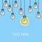 Hanging light bulbs with one lighted. Creative idea illustration. Problem solution. Line style. Inspiration background
