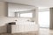 Hanging mirror cabinet in the corner view of panoramic beige bathroom