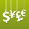 Hanging money signs on green background