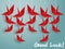 Hanging origami paper cranes in red color and Good Luck! text on blue background