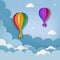 Hanging paper craft hot air balloons, flying birds, clouds on the daytime sky background. Cloudy sky background.