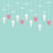 Hanging pink hearts, white pearl gem. Dash line with bow. Cute decotaion. Love card. Blue background. Flat design.