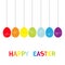 Hanging rainbow color painted egg set. Happy Easter colorful text. Thread bow. Dash line. Seven painting egg shell. Greeting card.