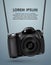 Hanging realistic photo camera. Professional photo studio banner.