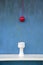 Hanging red apple on string and white vase