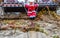 Hanging santa claus in the streets of a medieval town