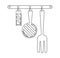 Hanging shelf railing with kitchen utensils. Still life on the kitchen table. Continuous line drawing. Vector illustration