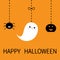 Hanging smiling sad black pumpkin, spider, white ghost spirit insect silhouette. Happy Halloween greeting card. Dash line thread.